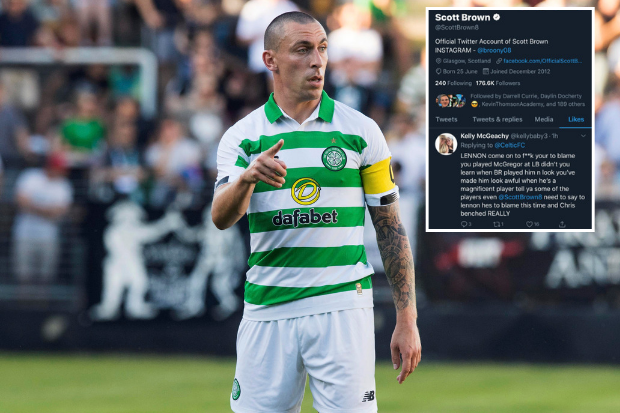 Celtic captain Scott Brown apologises after liking brutal tweet criticising Neil Lennon’s CFR Cluj tactics