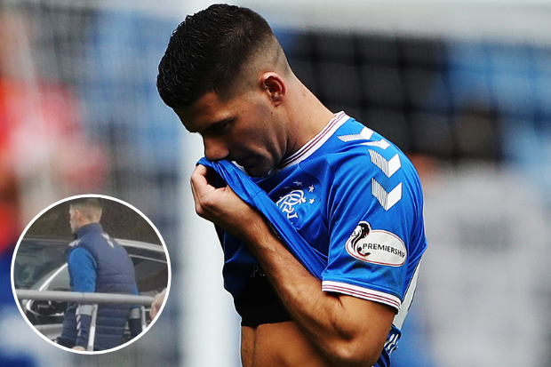 Rangers star Jordan Jones leaves Ibrox on crutches after he’s sent-off for horror tackle vs Celtic