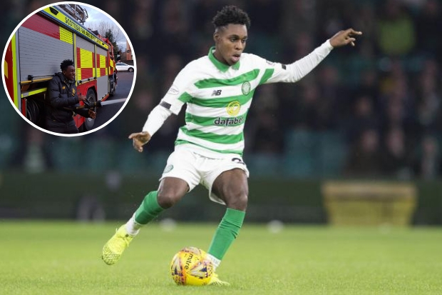 Celtic star Jeremie Frimpong jokes around with firefighters on his way to driving test