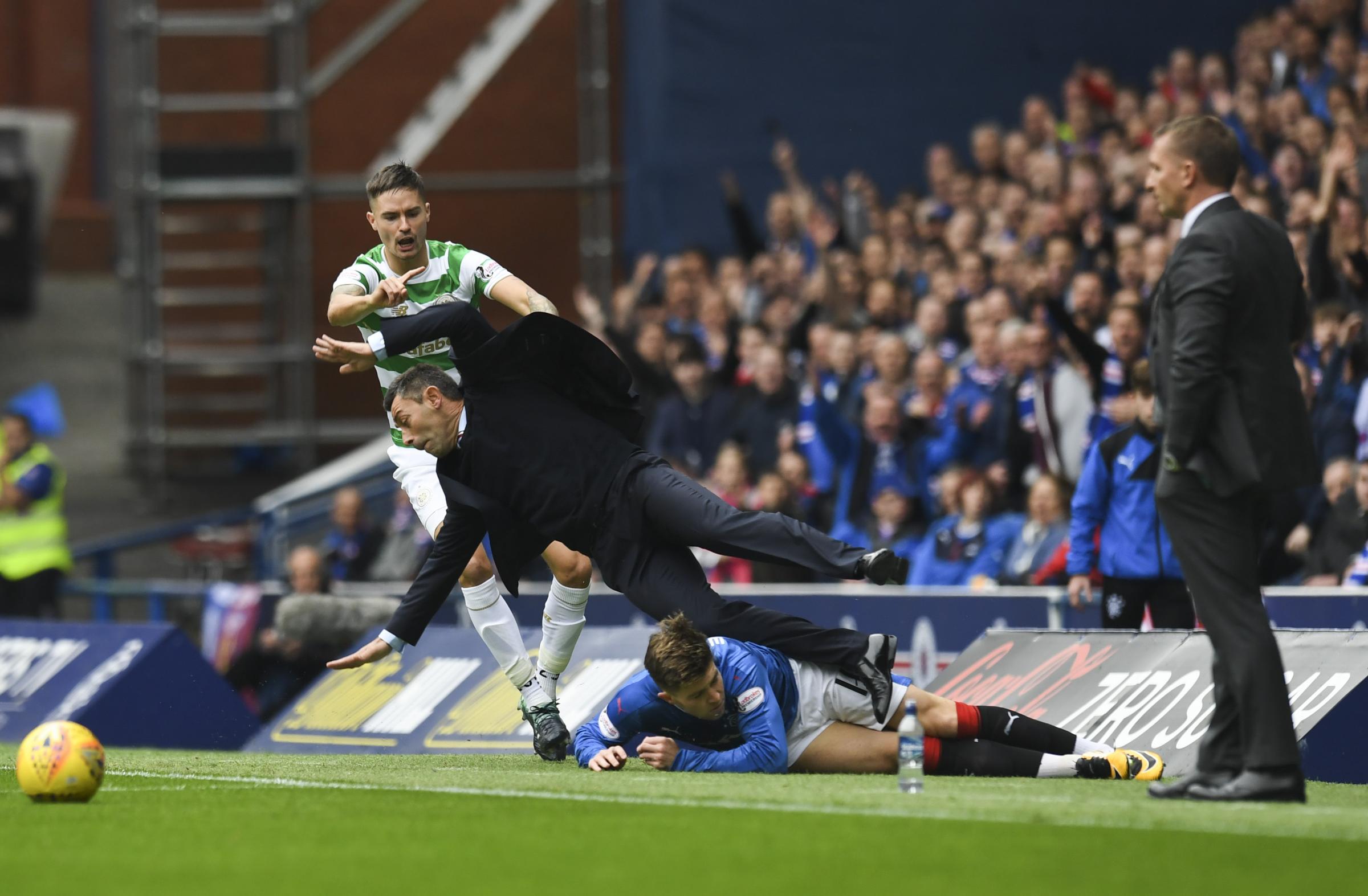 Watch: Rangers winger wipes out manager Pedro Caixinha in opening minutes of Celtic clash