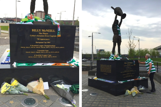 ‘He embodies what Celtic meant’: Devastated fans lay flowers at Billy McNeill statue as Hoops legend dies